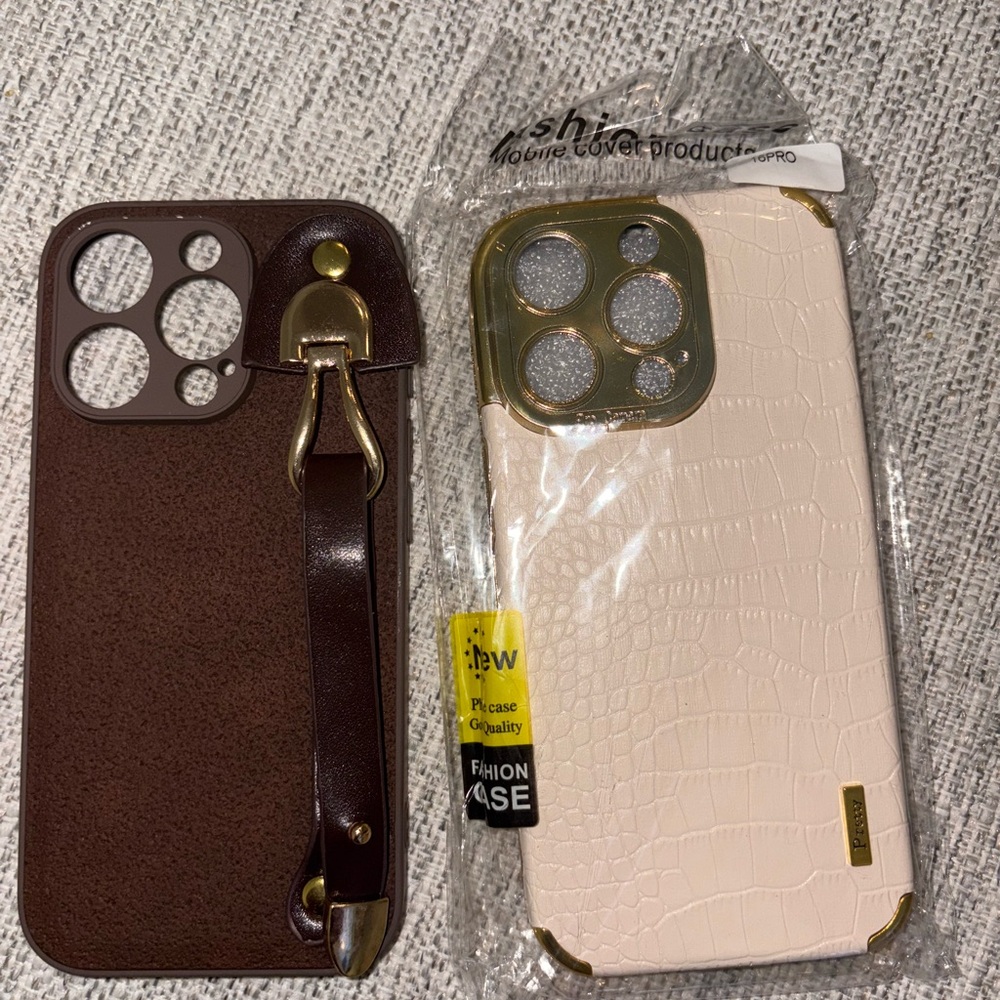 📱 2 Stylish iPhone 16 Pro Cases – Brown Leather Strap + Cream Croc Gold Trim
